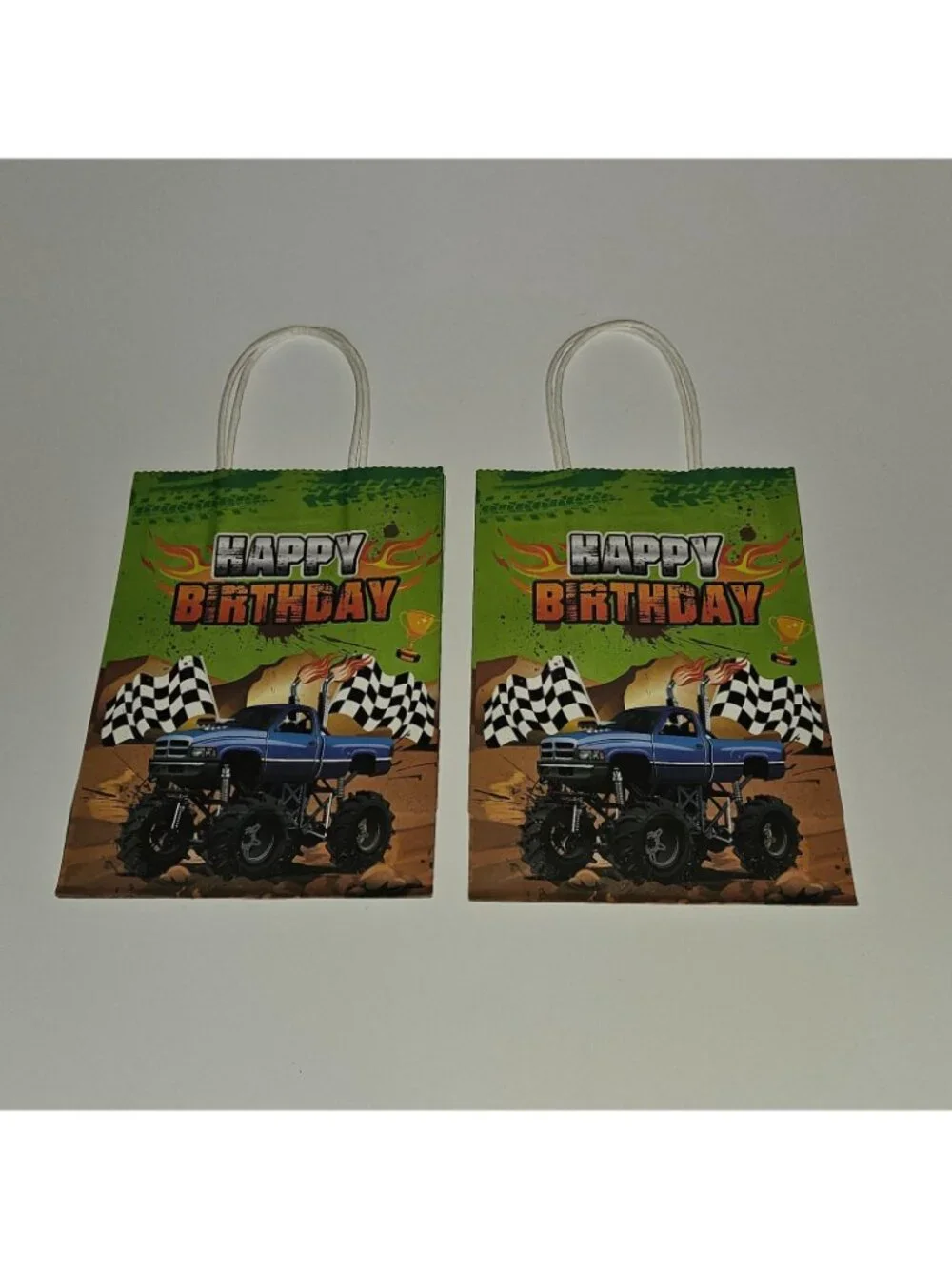 7 Monster Truck Happy Birthday Paper Gift Bag Lot 8.5x6 Green Blue Red Yellow